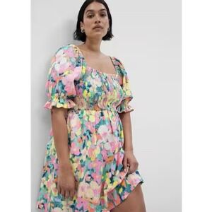 Gap Smocked‎ Puffed Sleeve Mini Dress Linen Blend Pockets Colorful Size XL